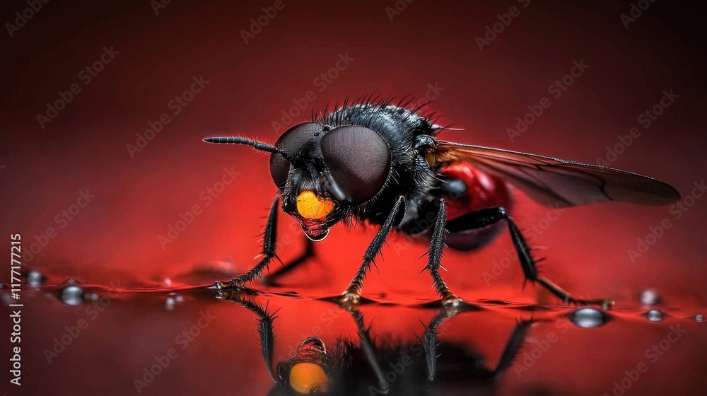Fototapeta premium Close-up of fly on reflective surface with red background