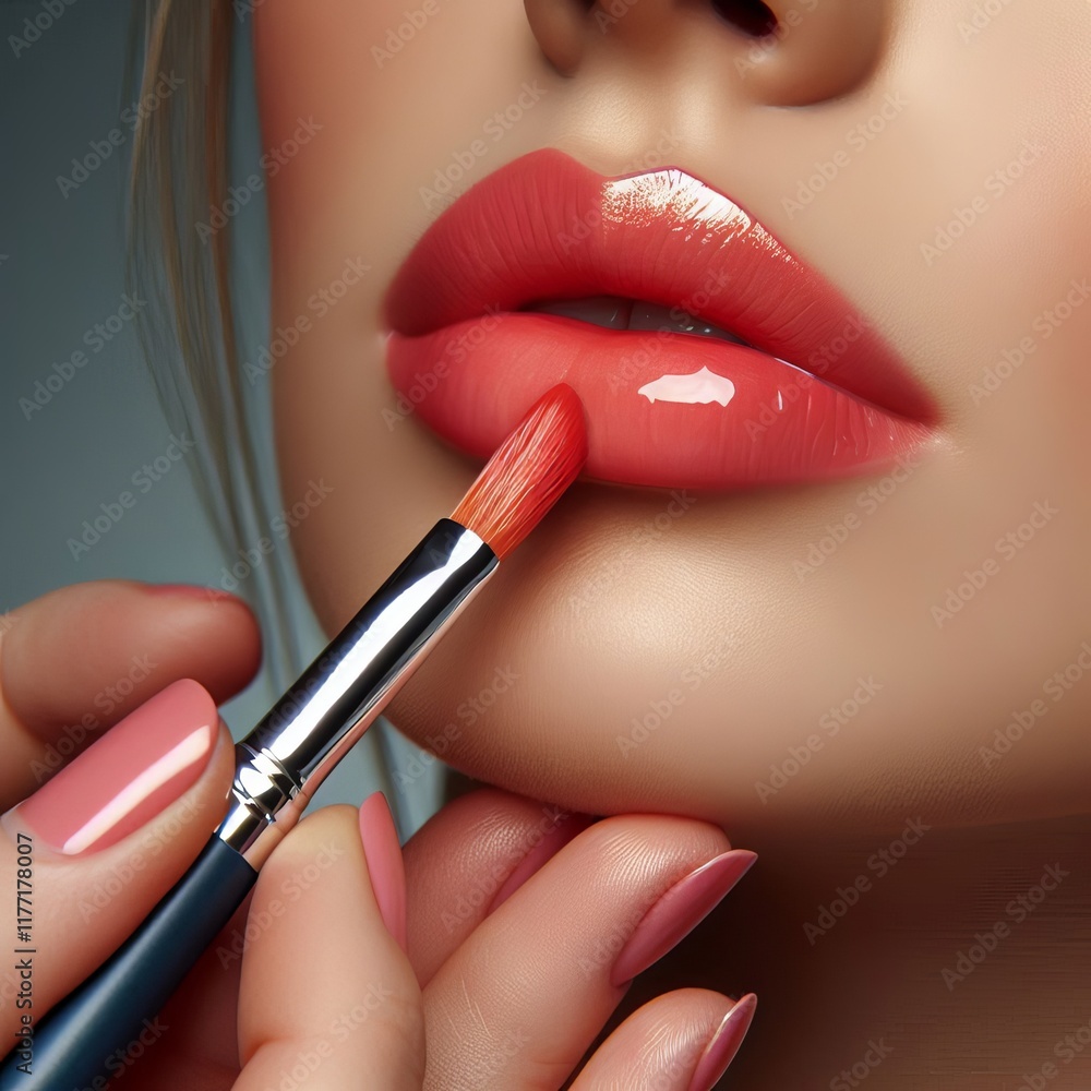 Obraz premium 104 A professional using a lip brush to apply a glossy coral lip