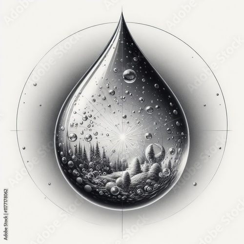 186 Pencil drawing of a hyper realistic water droplet Izobrajeni photo