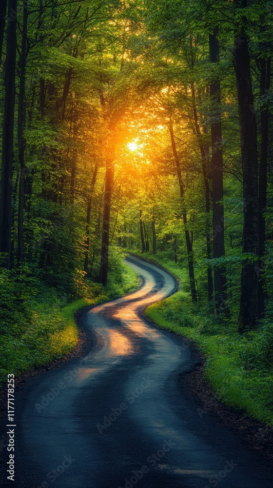 Obraz premium Sunset Road Through Lush Forest