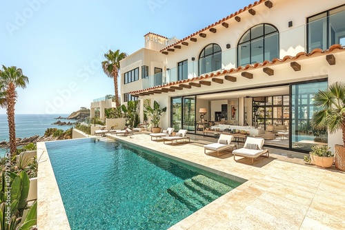 Luxury oceanfront villa with infinity pool, patio furniture, and coastal view in Mexico