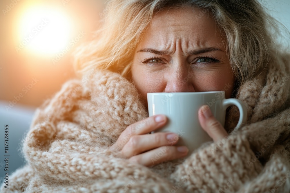 A woman bundled in a thick scarf enjoys a warm beverage, radiating comfort and tranquility as sunlight cascades softly through the window, creating a serene ambiance. A woman bundled in a thick scarf enjoys a warm beverage, radiating comfort and tranquility as sunlight cascades softly through the window, creating a serene ambiance.