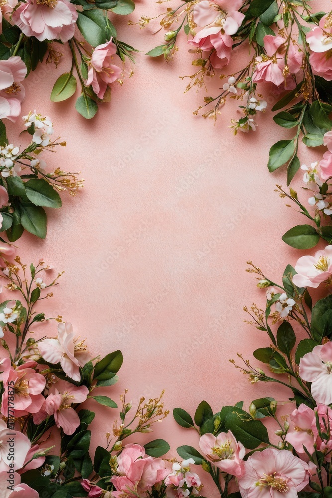 Fototapeta premium Delicate floral accents frame a rose gold pink canvas, leaving space for custom text or messages. Flat lay, top view.