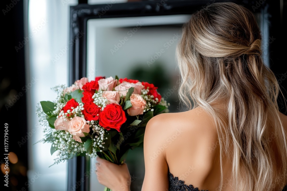 Naklejka premium An elegantly dressed woman holding a beautiful bouquet of roses stands gracefully in front of a mirror, showcasing a moment of beauty and femininity in a stylish setting.