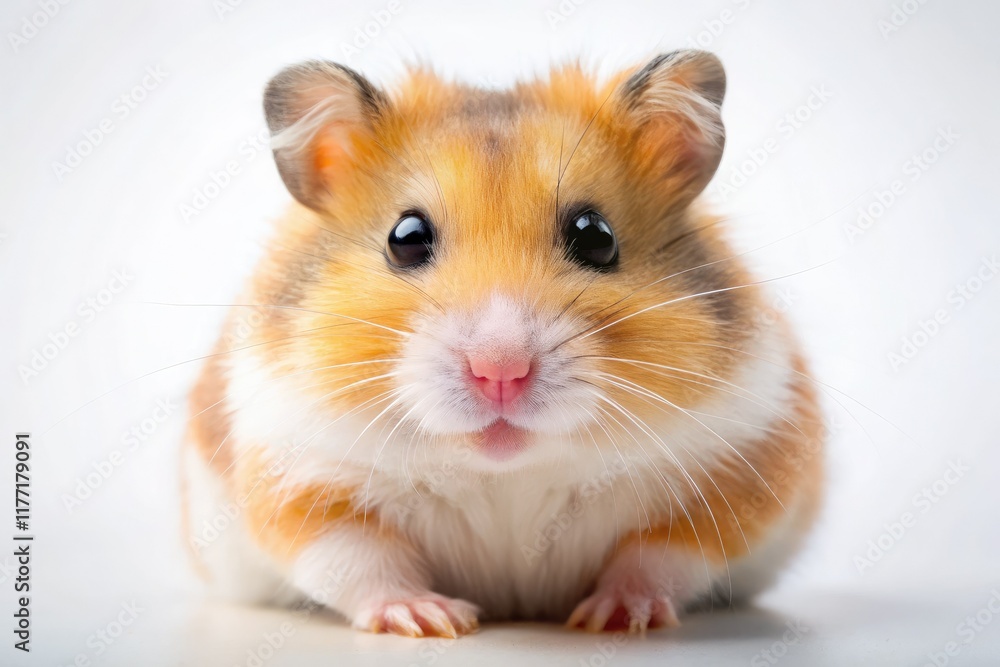 A fluffy Syrian hamster's adorable face, big eyes, and charming expression stand out against a clean white backdrop. A fluffy Syrian hamster's adorable face, big eyes, and charming expression stand out against a clean white backdrop.