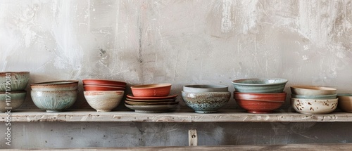 Colorful ceramic cups and plates on wooden shelf in front of textured wall. Suitable for cooking blogs, cookware stores and interior decor.