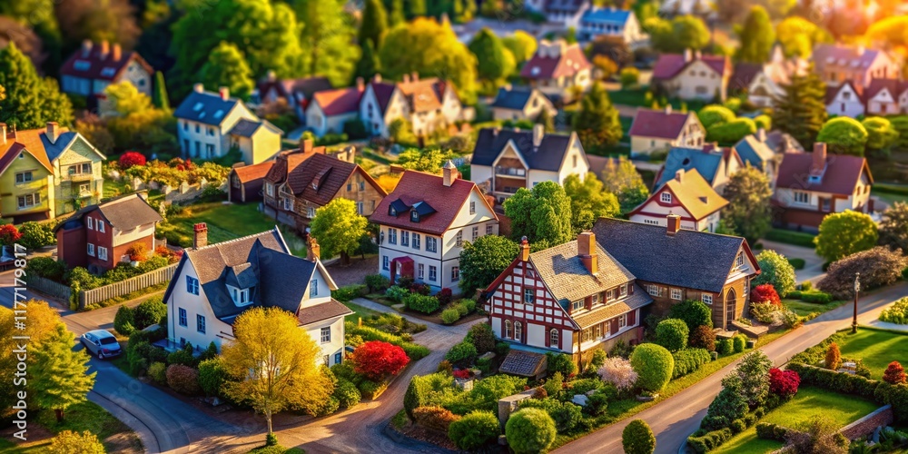 Aerial View Miniature Model Houses, Charming Village, Bird's Eye Perspective Aerial View Miniature Model Houses, Charming Village, Bird's Eye Perspective