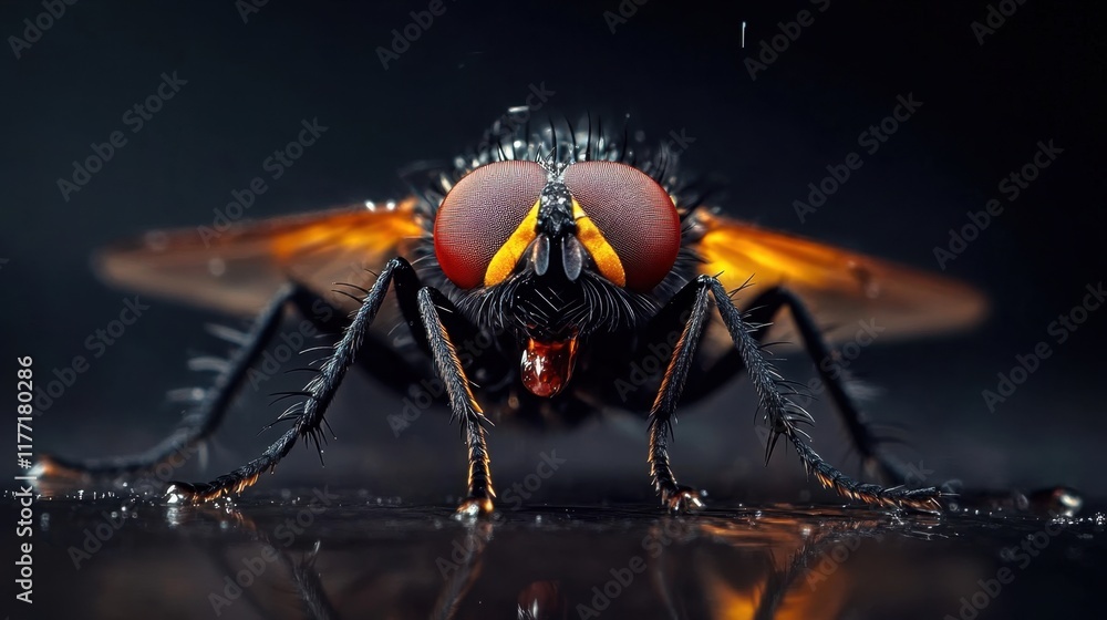 Fototapeta premium Macro view of fly on reflective surface