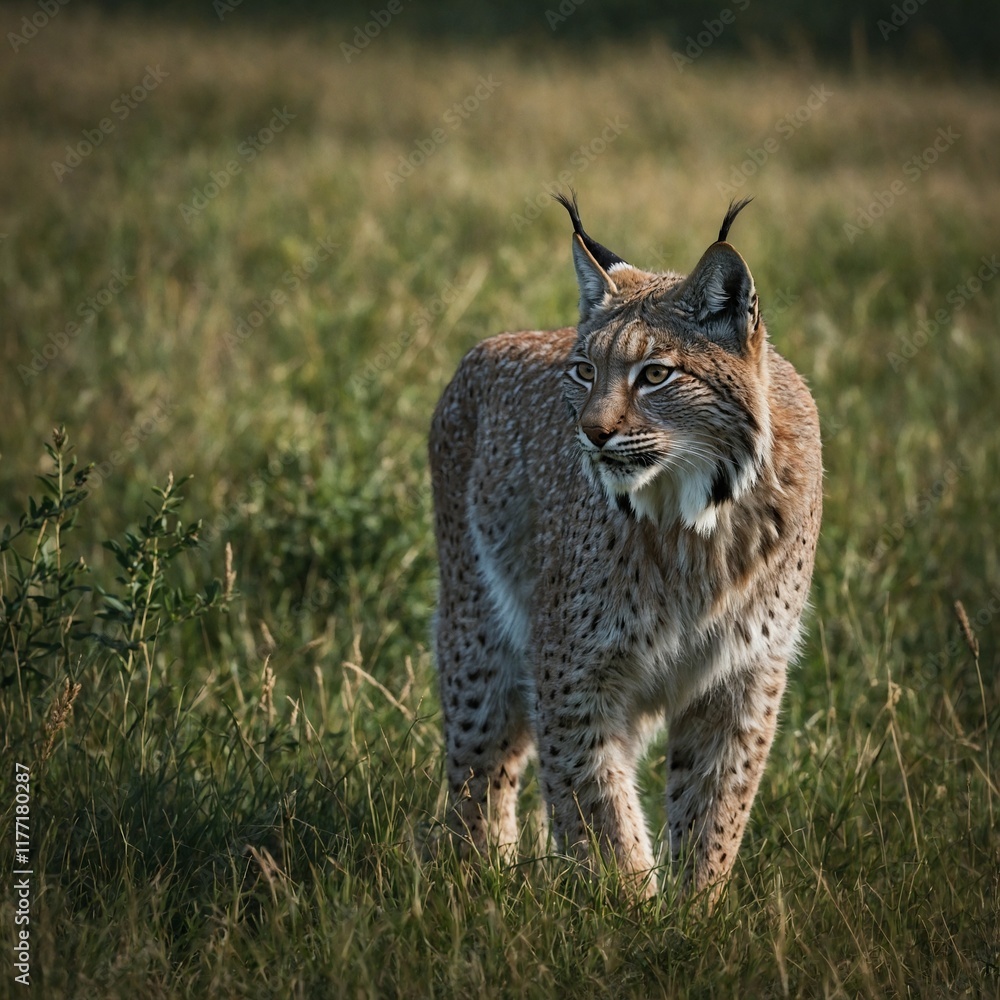 Fototapeta premium A lynx prowling through summer grasslands.