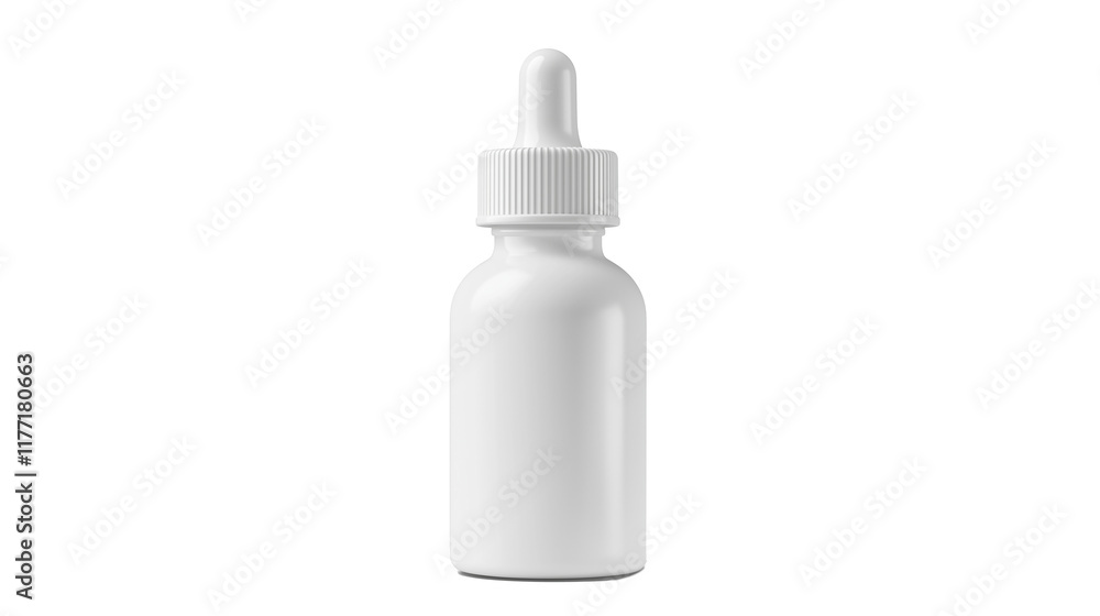 A plain white dropper bottle stands upright against a cutout background, showcasing its simple design. This bottle is ideal for storing essential oils or serums. A plain white dropper bottle stands upright against a cutout background, showcasing its simple design. This bottle is ideal for storing essential oils or serums.