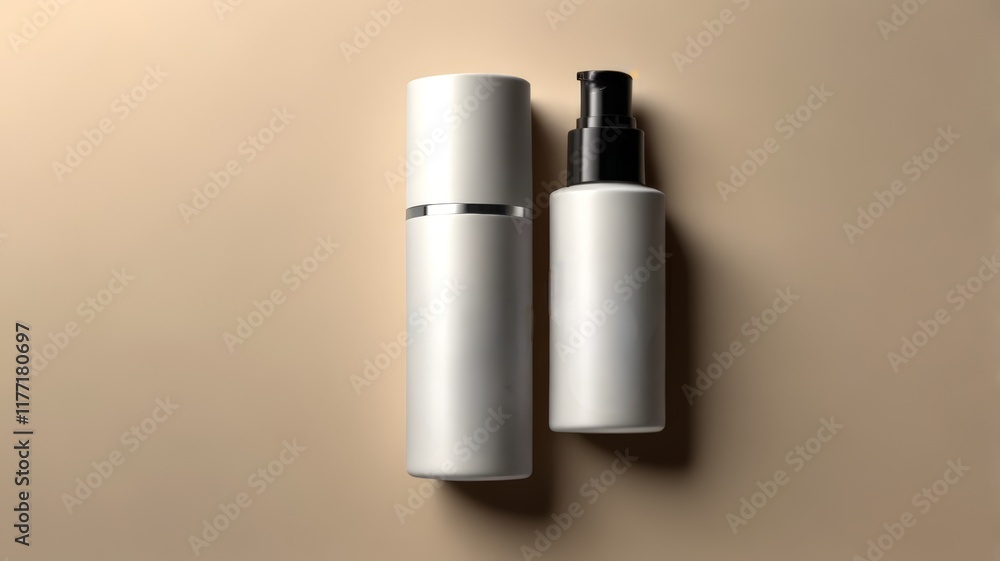 Two sleek skincare bottles in white with minimalist designs sit against a neutral background, reflecting elegance and simplicity in modern beauty packaging. Two sleek skincare bottles in white with minimalist designs sit against a neutral background, reflecting elegance and simplicity in modern beauty packaging.