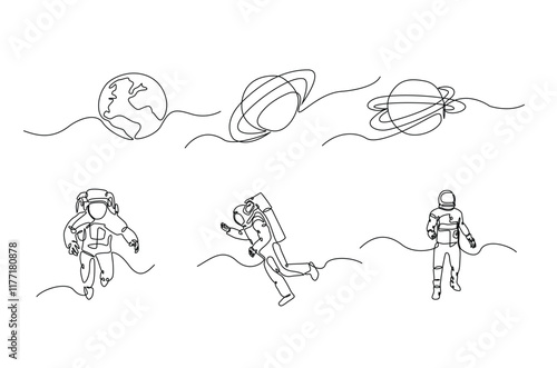 Astronauts and planets in continuous one line drawing. Simple line art illustration of astronauts and planets. Editable vector.