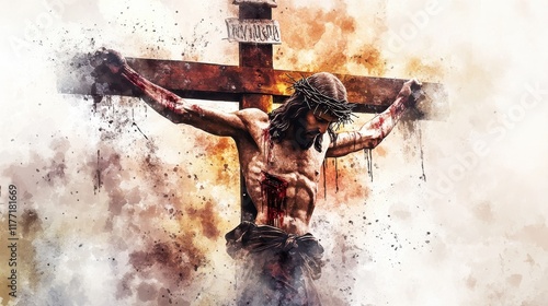 Jesus dies on the Cross. The Crucifixion and Death of Jesus. Digital watercolor painting.