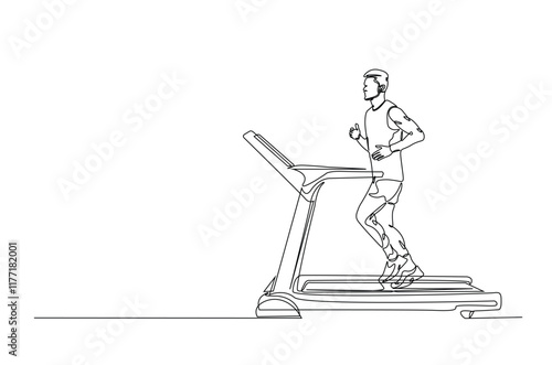 Man running on a treadmill continuous one line drawing. Single line art illustration of man running speed on treadmill. Editable vector.