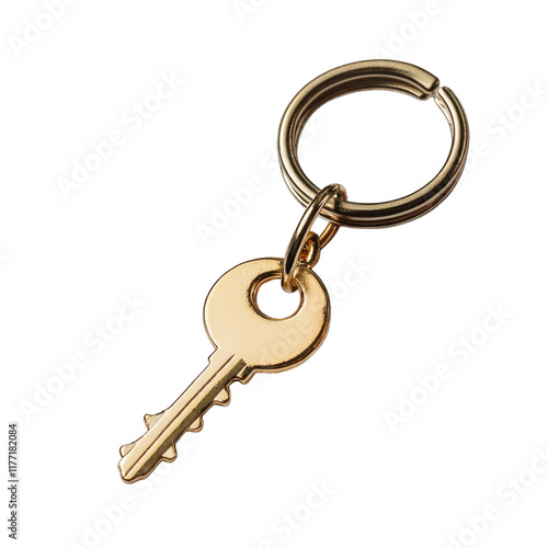 Gold key on a keychain isolated on transparent background, PNG