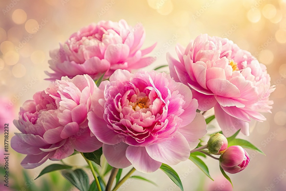 Fototapeta premium A soft-lit pink peony blooms, a creamy backdrop enhancing its spring beauty.