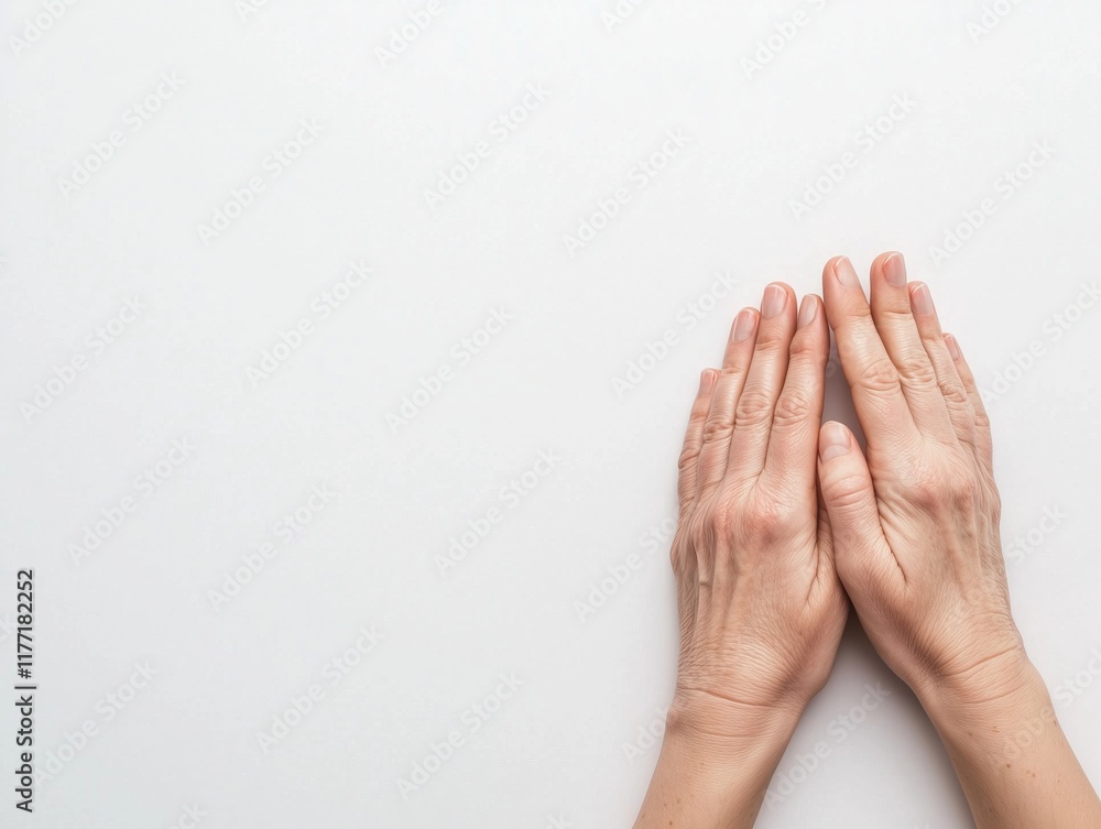 Two hands rest together on a seamless white background, symbolizing a moment of anticipation and focus for an upcoming creative endeavor. The scene conveys a sense of calm and readiness Two hands rest together on a seamless white background, symbolizing a moment of anticipation and focus for an upcoming creative endeavor. The scene conveys a sense of calm and readiness
