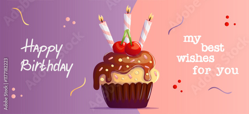 Celebrate birthdays in style with a festive banner featuring a Banana Split cupcake topped with chocolate frosting, colorful sprinkles, and three lit candles. Perfect for cheerful party designs!
