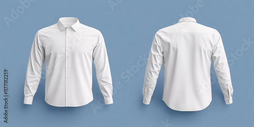 realistic mockup of a white dress shirt with long sleeves on blue background