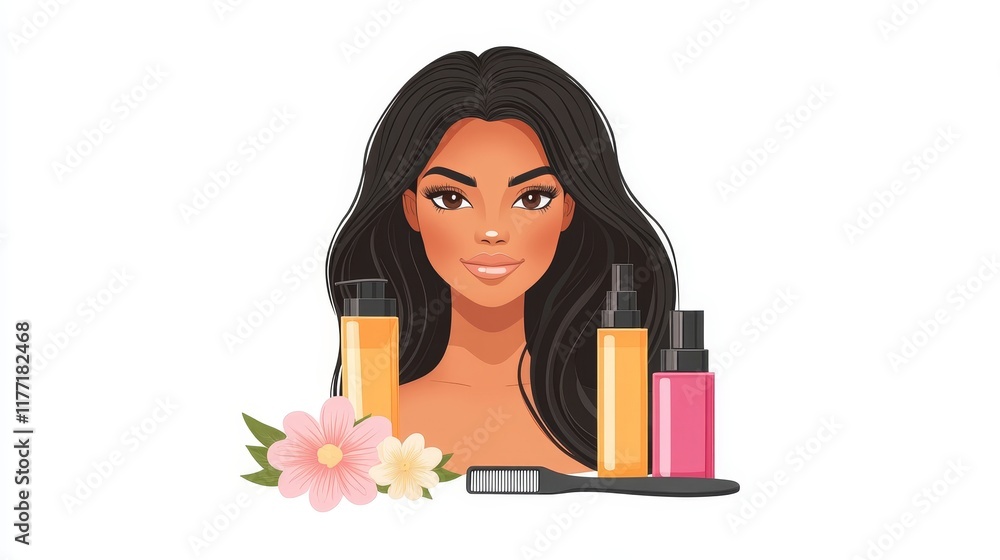 Flat Vector Illustration of a Woman with Long Hair – Beauty, Haircare Products, Self-Care, and Modern Graphic Design Flat Vector Illustration of a Woman with Long Hair – Beauty, Haircare Products, Self-Care, and Modern Graphic Design
