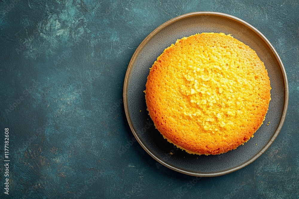 Moist orange cake with orange zest close-up on a plate on the table. top view. place for text Moist orange cake with orange zest close-up on a plate on the table. top view. place for text