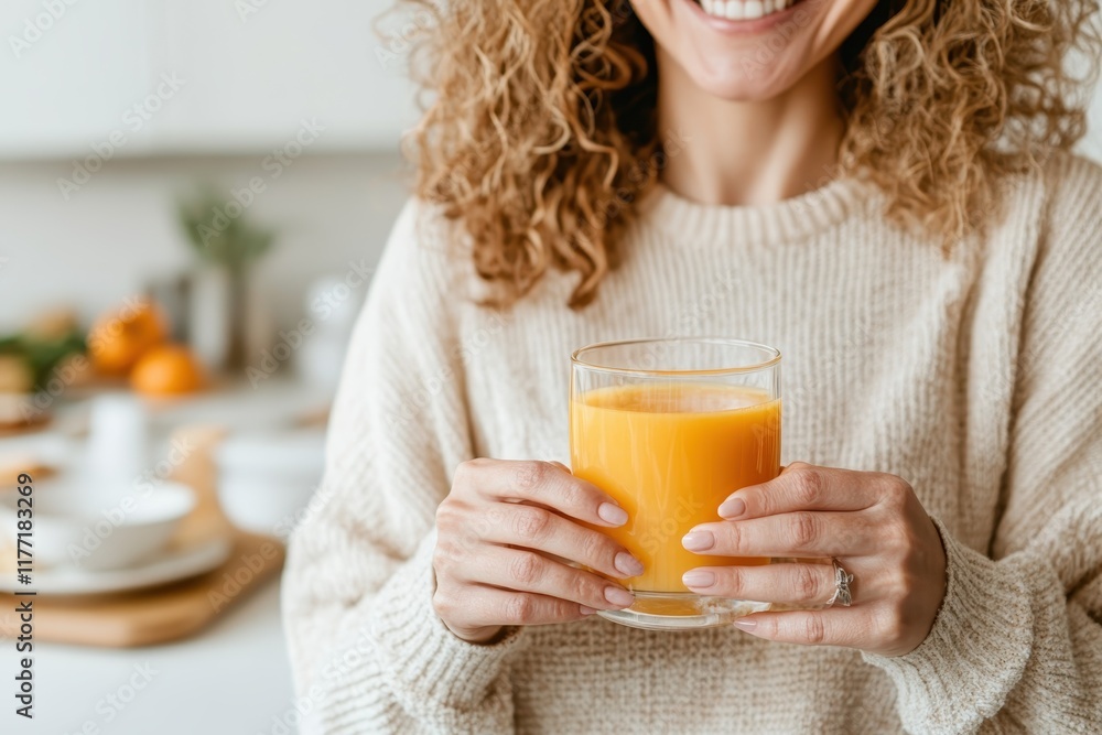A joyful woman smiling while holding a glass of juice in a cozy kitchen, symbolizing a vibrant lifestyle filled with health and happiness in her daily routine. A joyful woman smiling while holding a glass of juice in a cozy kitchen, symbolizing a vibrant lifestyle filled with health and happiness in her daily routine.