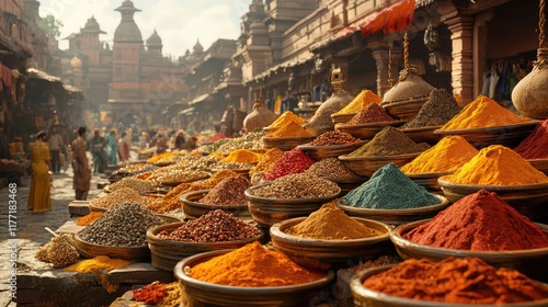 Colorful spices displayed at bustling Asian marketplace