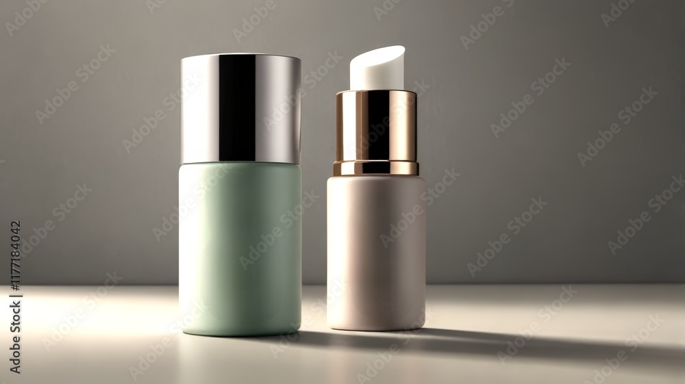 A pair of stylish skincare bottles feature a soft green and pastel tone, adorned with metallic caps, showcasing luxury and modernity in skincare design. A pair of stylish skincare bottles feature a soft green and pastel tone, adorned with metallic caps, showcasing luxury and modernity in skincare design.