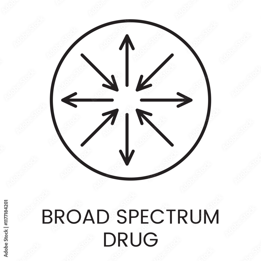 An icon of a central circle with outward arrows enclosed in a partial circle in vector, symbolizing the wide reaching impact of a broad spectrum drug, with an editable stroke An icon of a central circle with outward arrows enclosed in a partial circle in vector, symbolizing the wide reaching impact of a broad spectrum drug, with an editable stroke