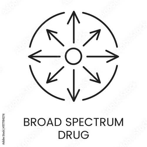 An icon of a central circle with outward arrows enclosed in a partial circle in vector, symbolizing the wide reaching impact of a broad spectrum drug, with an editable stroke