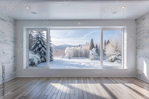 a white empty room with a winter landscape visible through window 