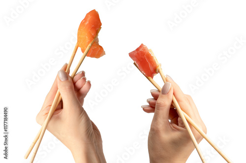 Sushi with salmon in a woman hand isolated. photo