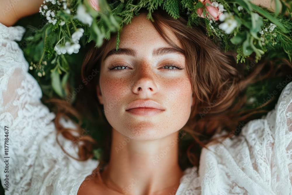 A freckled young woman softly smiles as she rests amidst greenery, capturing a moment of peace and beauty that highlights a deep connection with nature and self-contentment. A freckled young woman softly smiles as she rests amidst greenery, capturing a moment of peace and beauty that highlights a deep connection with nature and self-contentment.