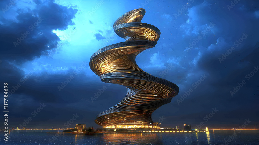 Obraz premium Futuristic spiral tower at dusk, reflecting on calm water.