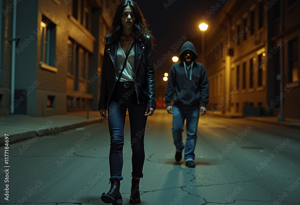 Obraz premium Young woman followed by a man in an Urban Nighttime Setting