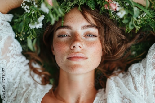 A freckled young woman softly smiles as she rests amidst greenery, capturing a moment of peace and beauty that highlights a deep connection with nature and self-contentment. photo