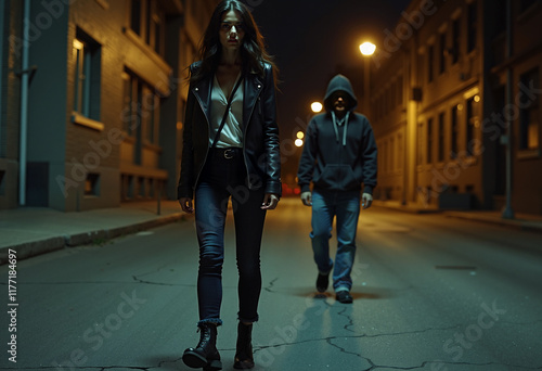 Young woman followed by a man in an Urban Nighttime Setting
