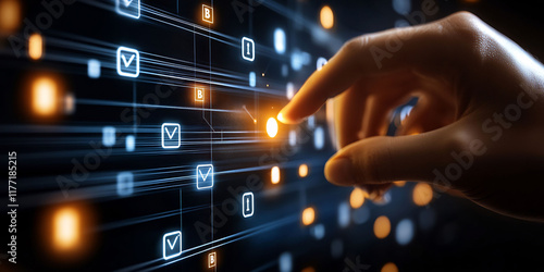 Person verifying a blockchain transaction through a secure cryptographic protocol visualized as binary streams photo