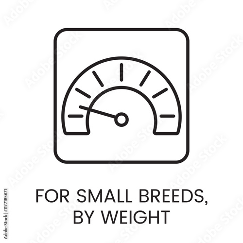 An icon of a rectangular frame with a scale gauge inside in vector, symbolizing controlled weight dosage for small breeds, with an editable stroke