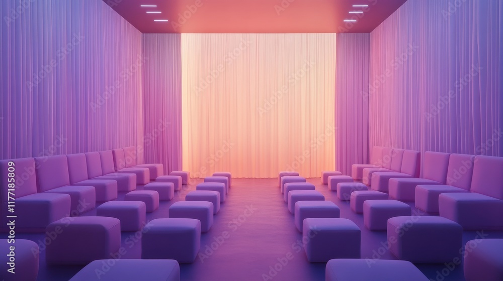 Obraz premium Futuristic conference room with purple seating and ambient lighting for events