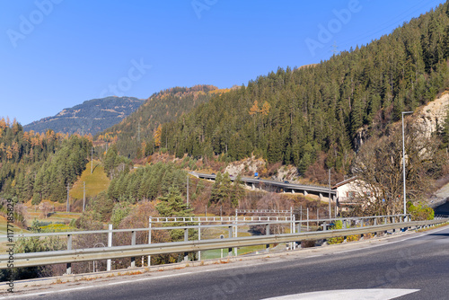 Close-up of road at Swiss mountain village of Tiefencastel on a sunny autumn day. Photo taken November 15th, 2024, Tiefencastel, Switzerland. photo