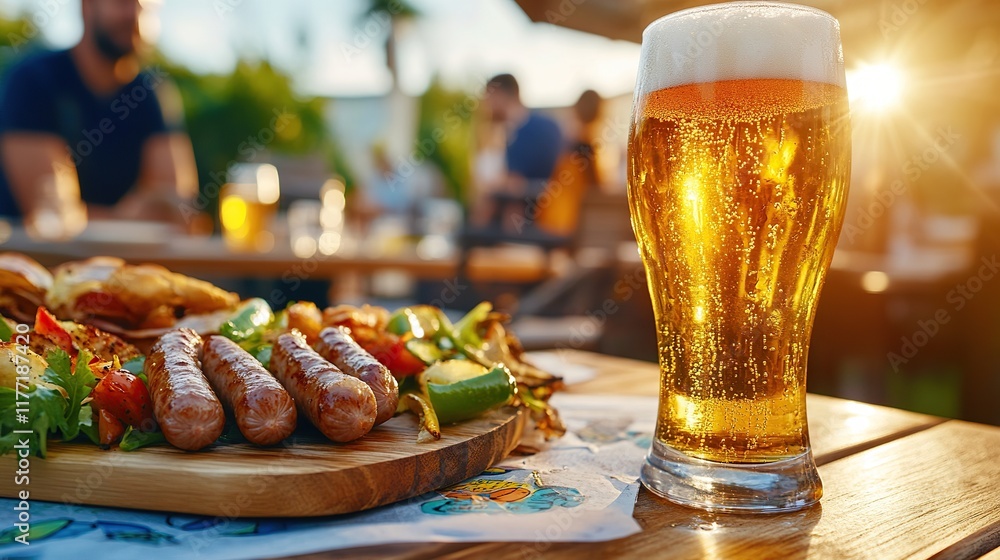 Obraz premium Cold glass of draft beer and grilled sausages on the open space of the backyard, grill party