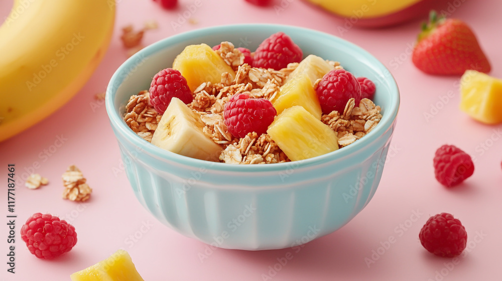A Colorful Bowl of Fruit and Granola with Fresh Bananas, Mango, Strawberries, Pineapple, and Raspberries A Colorful Bowl of Fruit and Granola with Fresh Bananas, Mango, Strawberries, Pineapple, and Raspberries