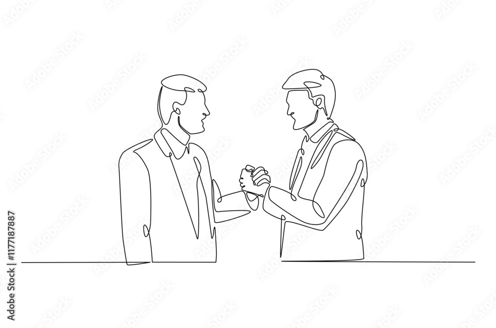 Businessmen handshaking with the client in continuous one line drawing. Simple line art illustration of Business deal concept. Editable vector. Businessmen handshaking with the client in continuous one line drawing. Simple line art illustration of Business deal concept. Editable vector.