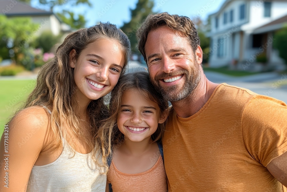 An uplifting family photo featuring a smiling man and his two lovely daughters. The bright atmosphere reflects joy, love, and a strong familial bond, creating a memorable moment. An uplifting family photo featuring a smiling man and his two lovely daughters. The bright atmosphere reflects joy, love, and a strong familial bond, creating a memorable moment.