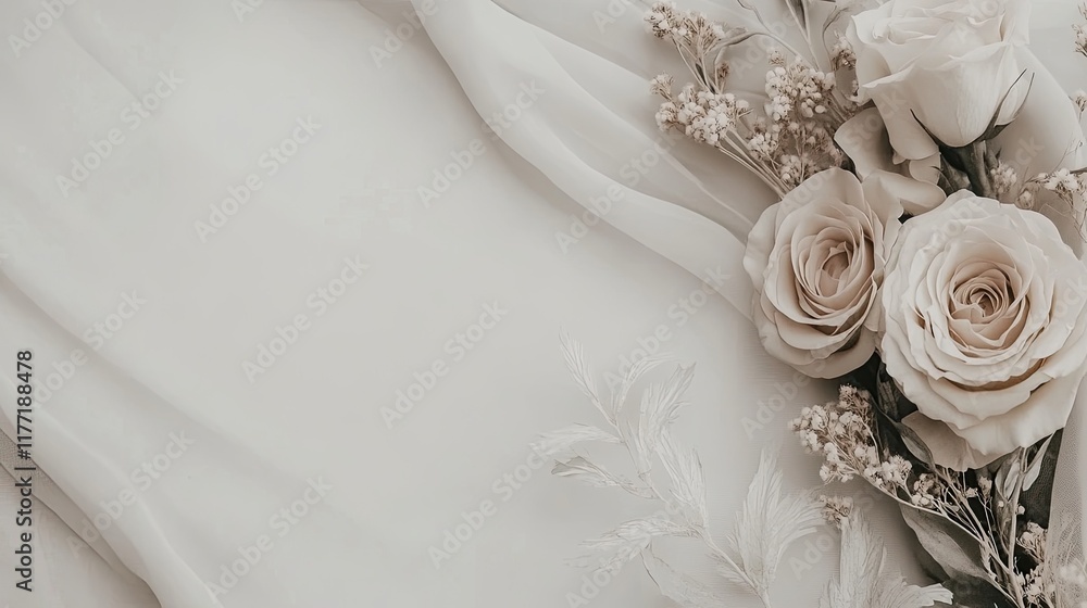 Fototapeta premium Grey canvas with an elegant floral frame, leaving ample space for personalized text. Flat lay.