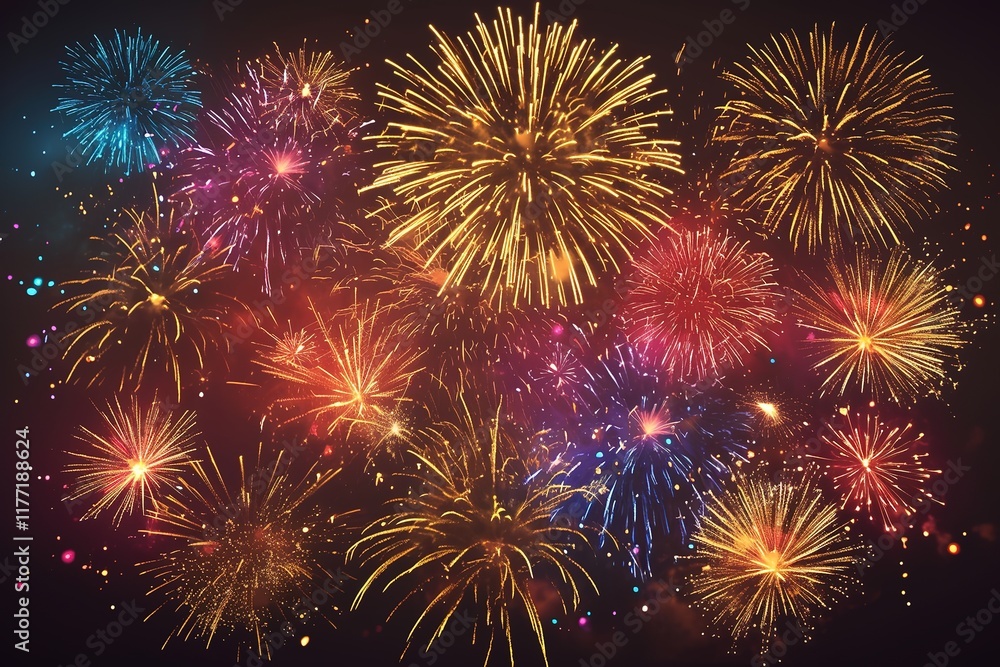 Naklejka premium Wide-angle, high-resolution, high-quality, and high-detail fireworks display in the night sky, captured with cinematic lighting and bright colors