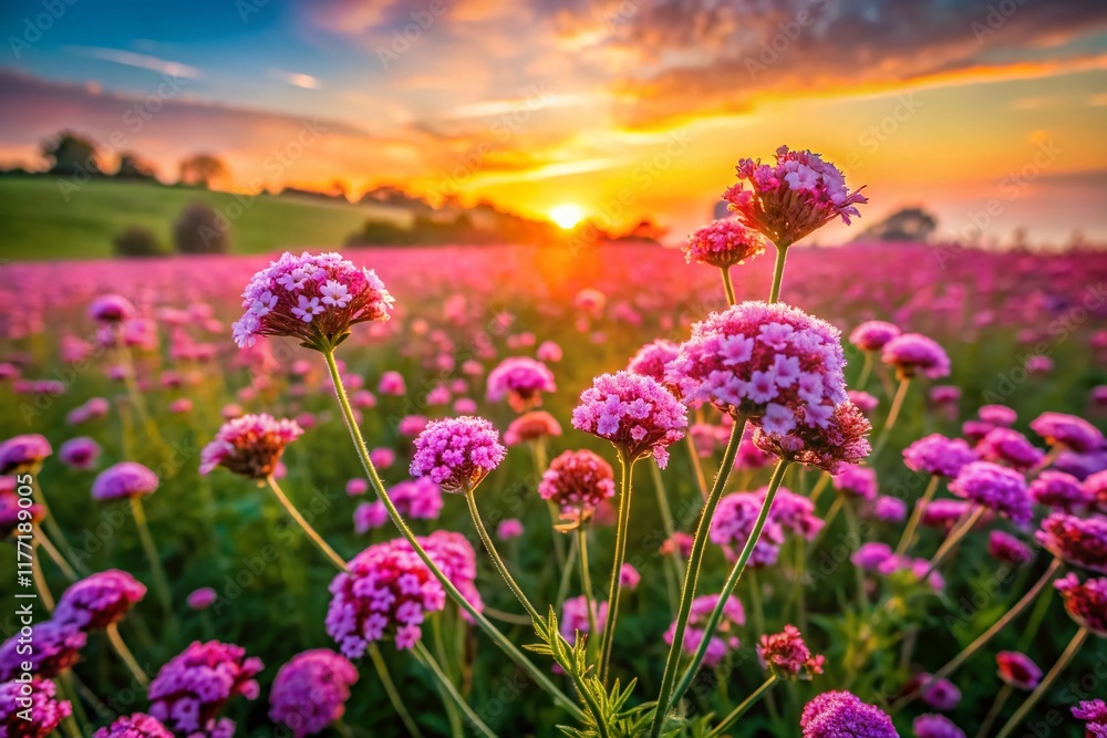 Obraz premium Aerial View of Blooming Pink Verbena Field at Sunset