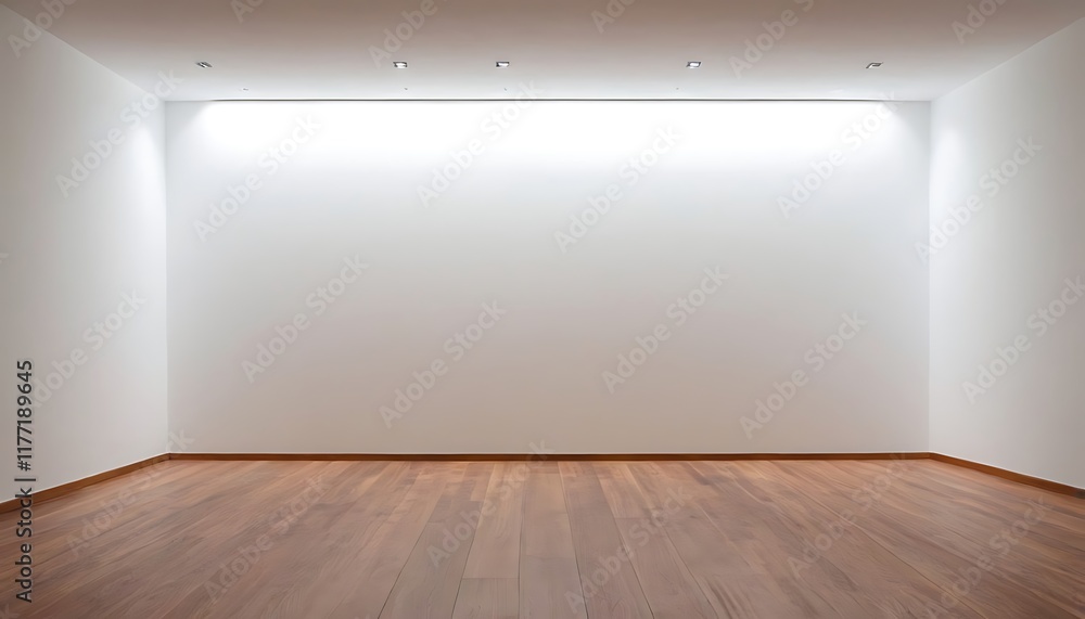 Fototapeta premium Empty Room with white Walls and Wood Floor with light use as display product,Empty wall mockup. Empty room with a white wall and wood floor. 3D illustration.5455