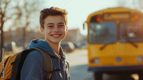 Smiling boy with backpack near yellow school bus ready to go to school or home photo